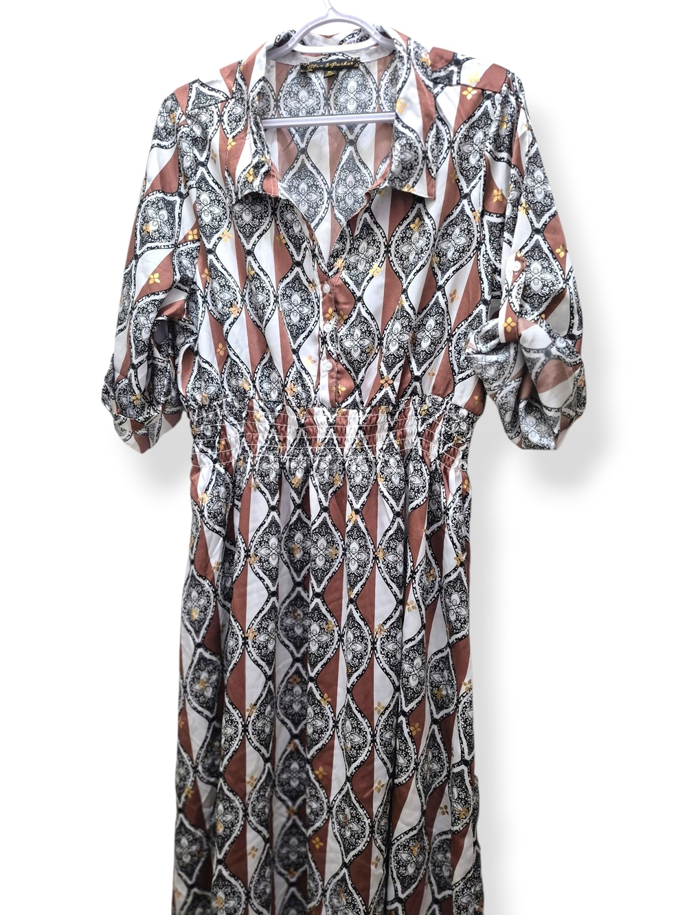Luxury Patterned Collared Midi Dress in Brown and White, Women Size (XL)